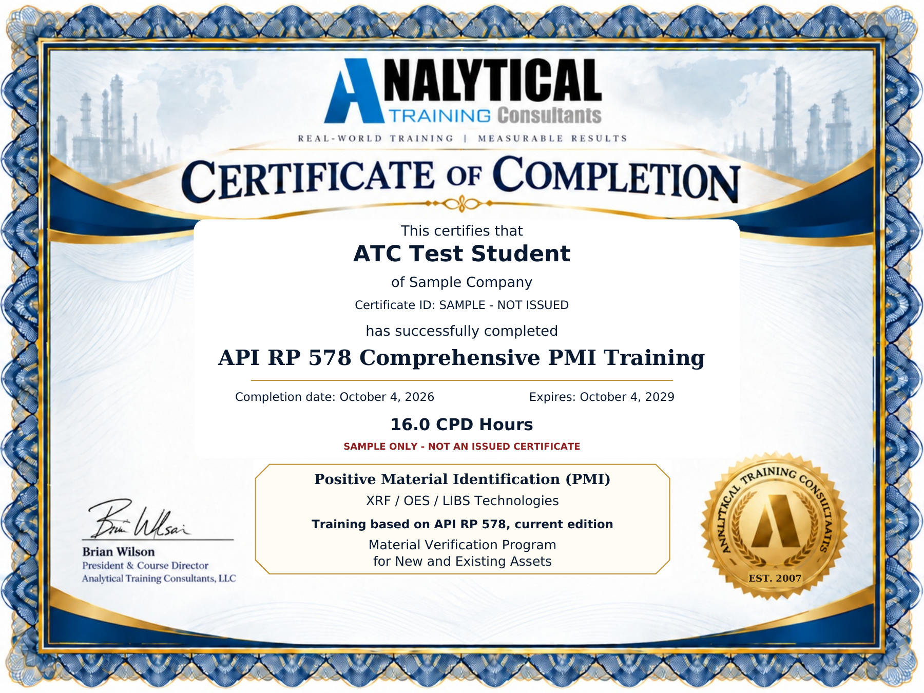 Sample ATC API RP 578 course certificate showing 16.0 CPD hours